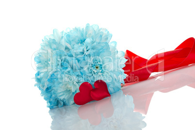 Blue chrysanthemums with two red hearts