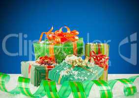 Christmas presents against blue background