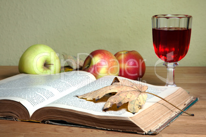 Offenes altes Buch mit Herbstlaub und Rotweinglas