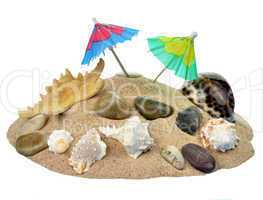 Sand with an umbrella and seashells