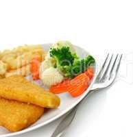 fish fillets with fried potato and vegetables