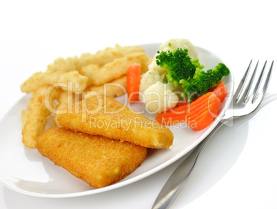 fish fillets with fried potato and vegetables
