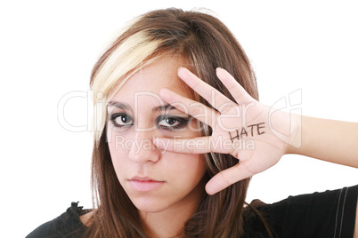 Close up shot of a angry teenager, isolated on white background