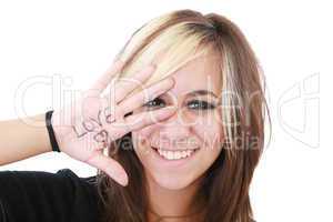 Happy teenager girl, white background isolated