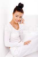 Beautiful Natural Woman On Mobile Phone