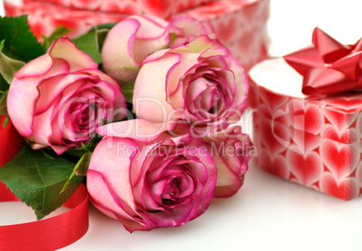 pink roses and gift box