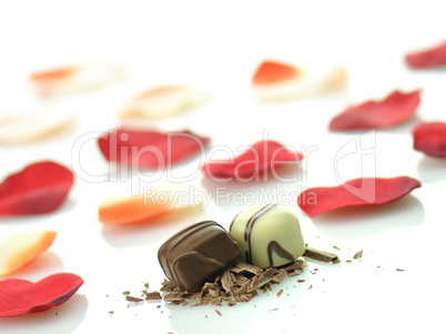 chocolate candies and rose petals