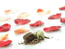 chocolate candies and rose petals