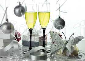 Glasses of champagne with christmas decorations