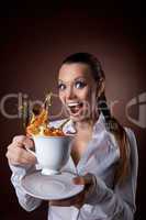 funny Woman with cup and splash of tea smile