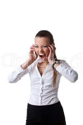 Anger young business woman scream on cell