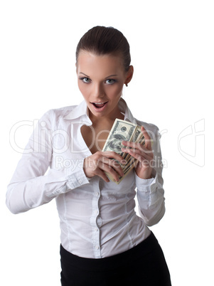 Sexy young business woman take lots of money