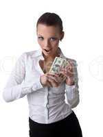 Sexy young business woman take lots of money
