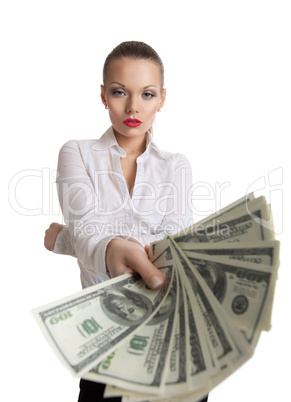 young business woman offer a bundle of money