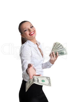 sexy business woman give a dollar with defiance