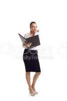 business woman stand with big ledger book isolated