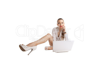 sexy woman sit with notebook and long legs