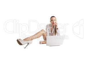 sexy woman sit with notebook and long legs