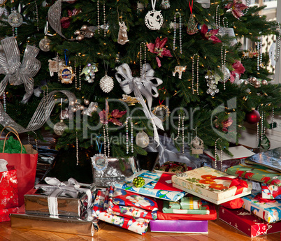 Decorated christmas tree in home