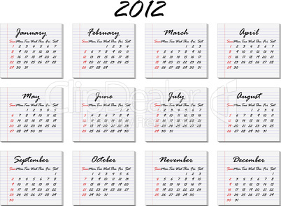 Calendar for 2012 in English; week starts with Sunday