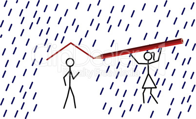 Stickman provides shelter from rain for his/her love