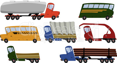 Collection of colorful trucks and buses