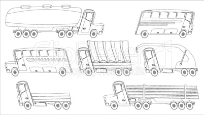 coloring page with trucks and buses in cartoon style
