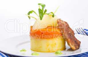 carrots tureen with mashed potatoes and meat
