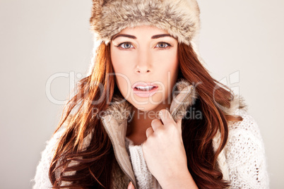 Gorgeous Redhead Fashion Model In Winter Fur