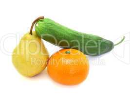 cucumber with a tangerine and a pear