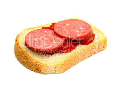 Healthy sandwich with Ketchup sausage r on a white background