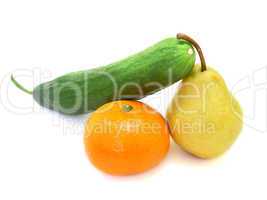 cucumber with a tangerine and a pear