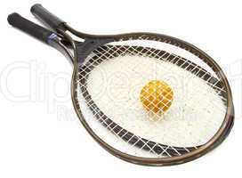 A tennis ball and racket on a white background