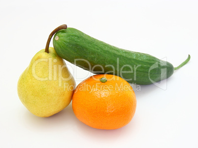 cucumber with a tangerine and a pear