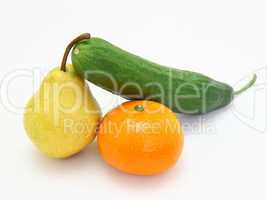 cucumber with a tangerine and a pear