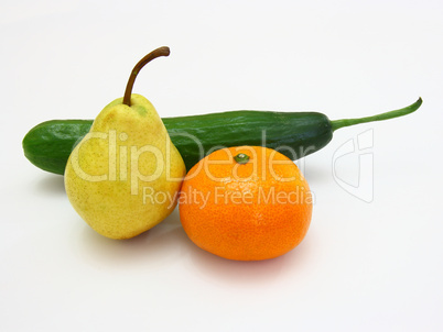 cucumber with a tangerine and a pear