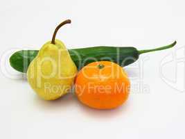 cucumber with a tangerine and a pear