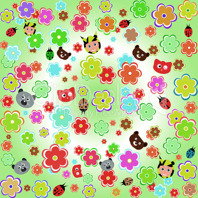 beautiful background with cartoon animals and flowers wallpaper