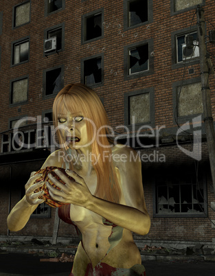 Zombiefrau vor einem alten Hotel