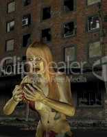 Zombiefrau vor einem alten Hotel