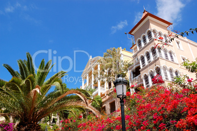 Luxury hotel decorated with flowers, Tenerife island, Spain