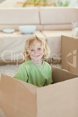 Boy hiding in cardboard box