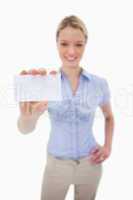 Blank business card being held by woman