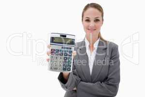 Bank employee showing her pocket calculator