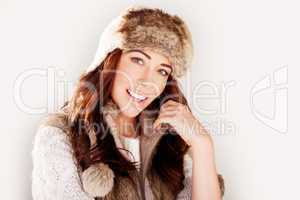 Smiling Woman In Winter Fur Hat