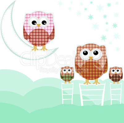 cute card with family owls on sky over cloud