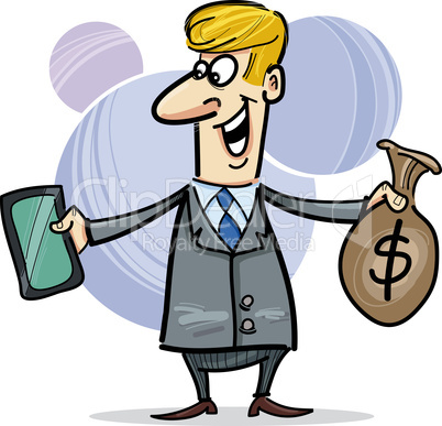 businessman with tablet and sack of dollars