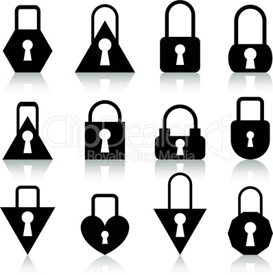 A set of metal locks of different shapes on a white background.