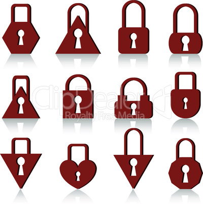 A set of metal locks of different shapes on a white background.