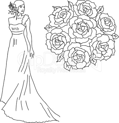 Silhouette of a bride with a bouquet of flowers.